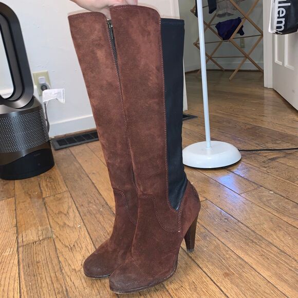 Vintage Frye Boot Rare Mikaela Brown Suede Black Leather Sexy Wooden Heel - Picture 7 of 10